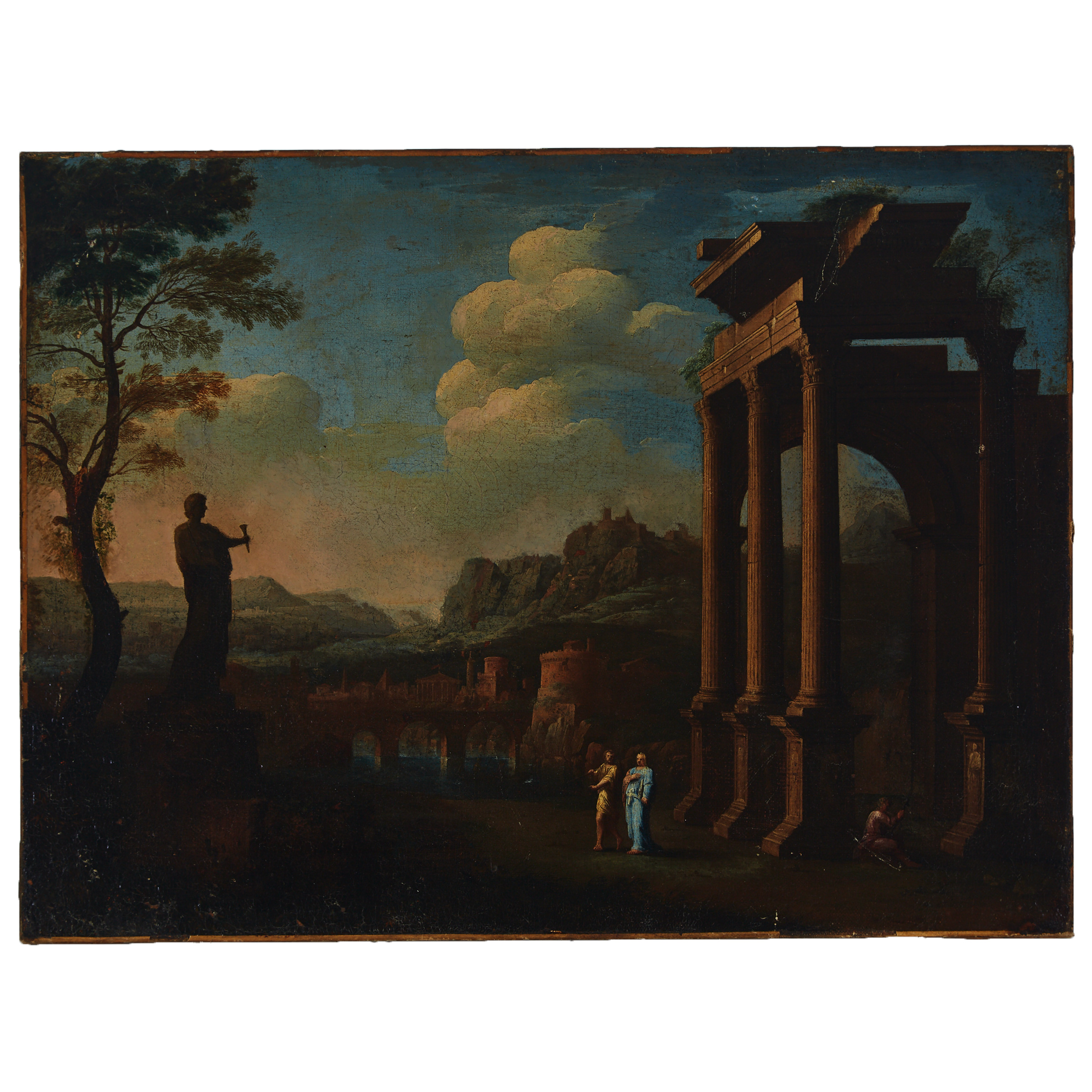 Capriccio with Classically Draped Huntsmen at the Colossus of Rhodes Amid a Shrine in an Extensive Landscape with Aqueduct, City Views and Antique Ruins