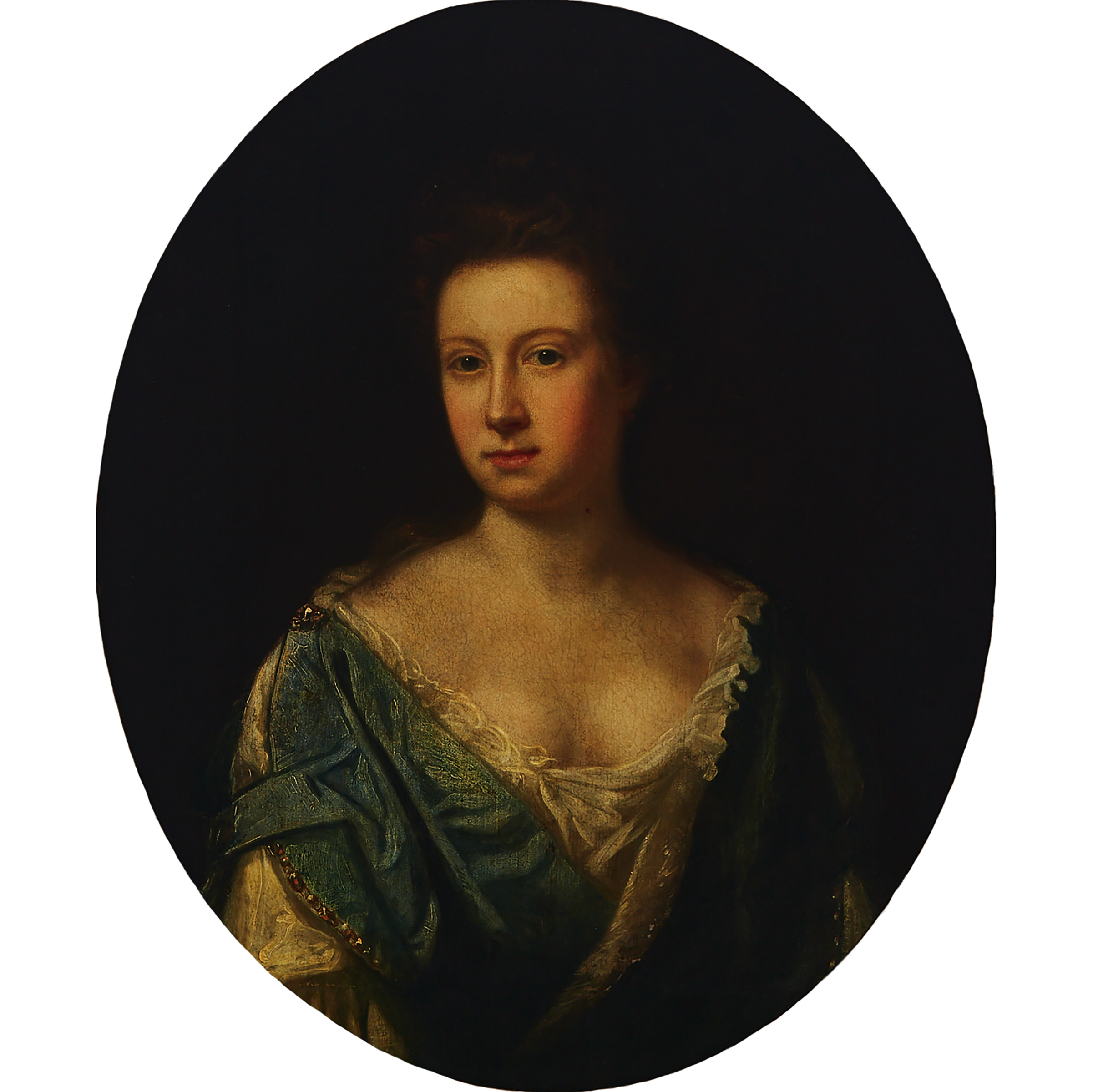 Portrait of a Lady, Head and Shoulders in Green, Jewel Trimmed Cape Over White Chemise