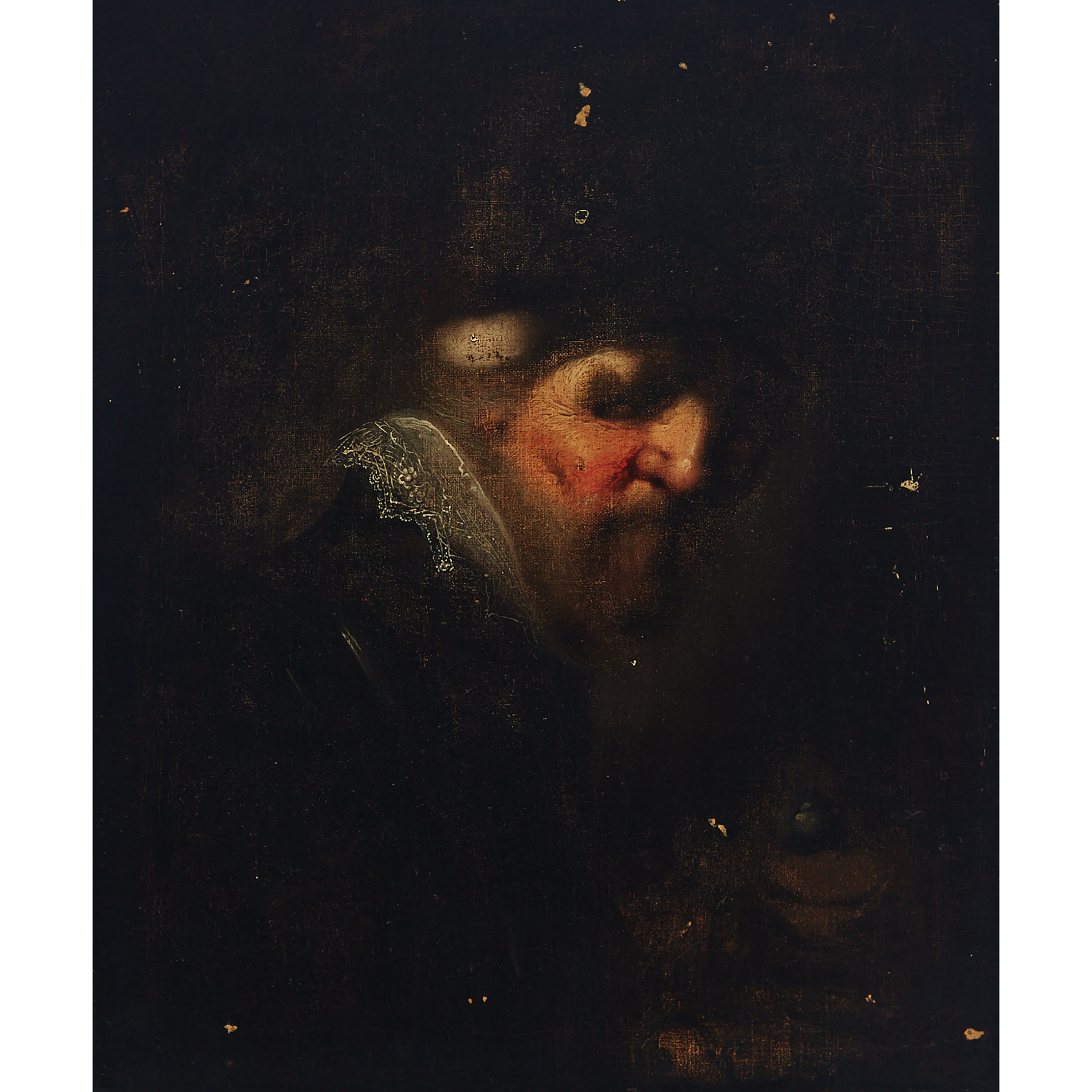 An Old Bearded Man, Half Length, in Profile, Facing Right, His Eyes Fixated Downwards to the Left, Wearing a Black, High-Necked Jacket Accentuated with a Lace- Trimmed Collar, Wearing a Cap (or Oriental Turban?) with a White Fur Pom ?, Holding an Object with a Handle in His Left Hand