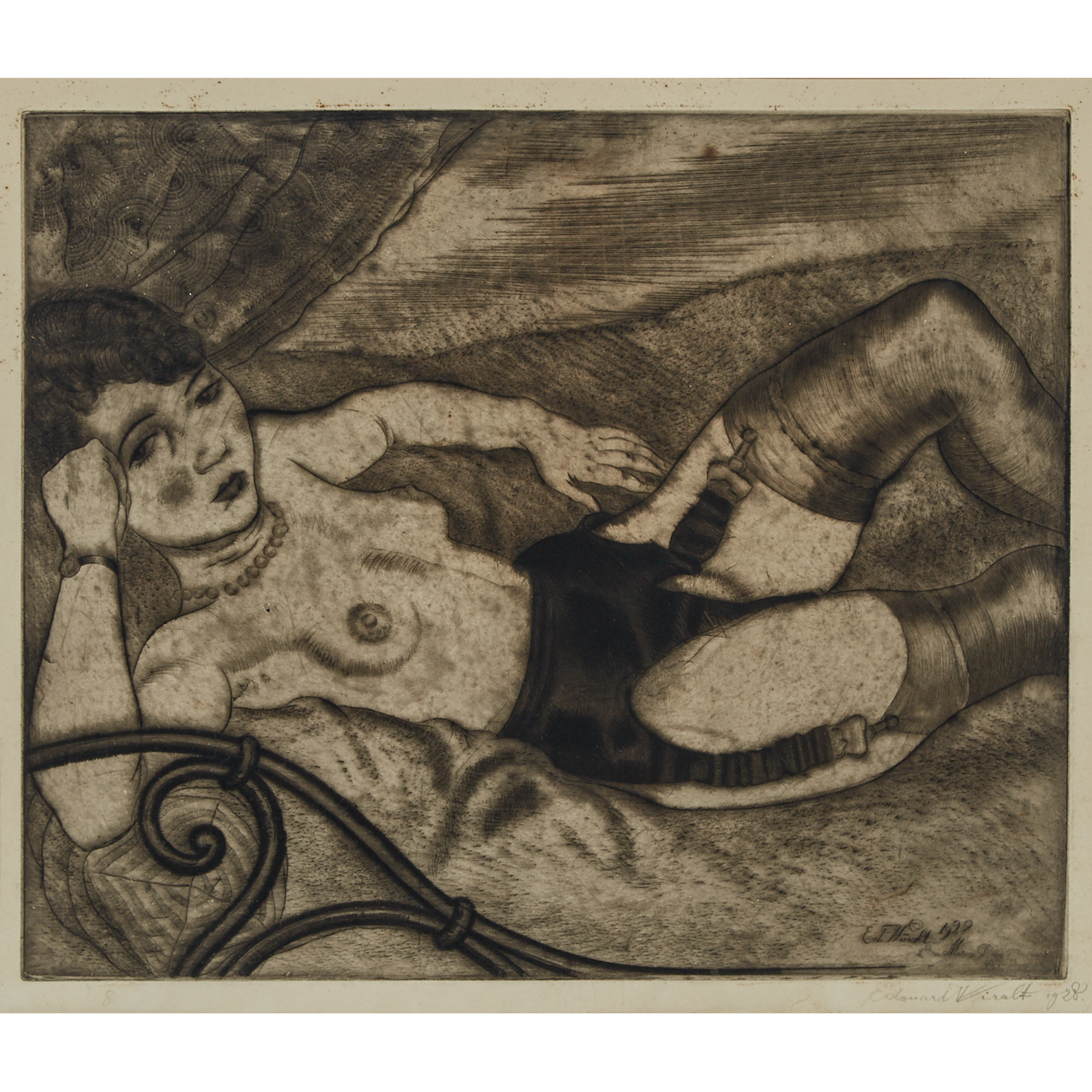 Wiiralt Eduard, LAMAV NAISAKT (RECUMBENT NUDE WITH STOCKINGS), 1928 [ART MUSEUM OF ESTONIA, G 13222, ARK, 1366, A. RÕUDE KUNSTIKOGU, NO 81]