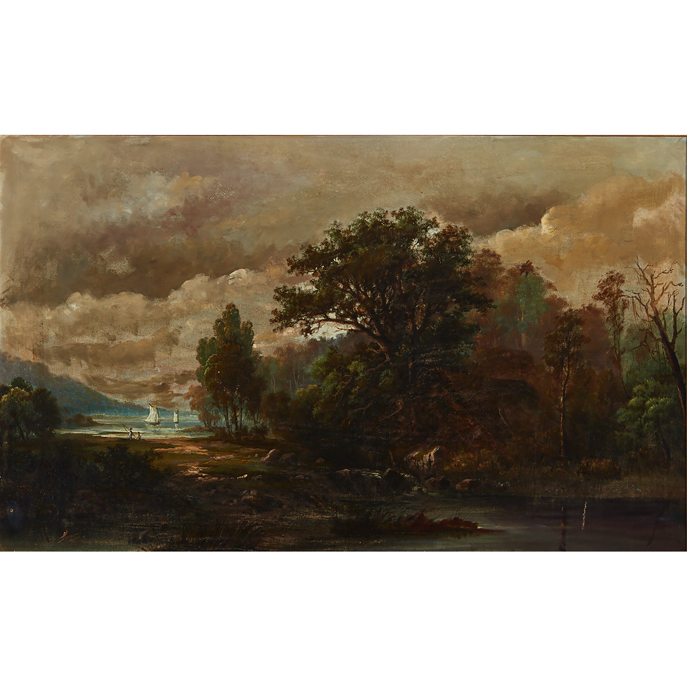 River Landscape with Figures Fishing on Shore Watching Boats