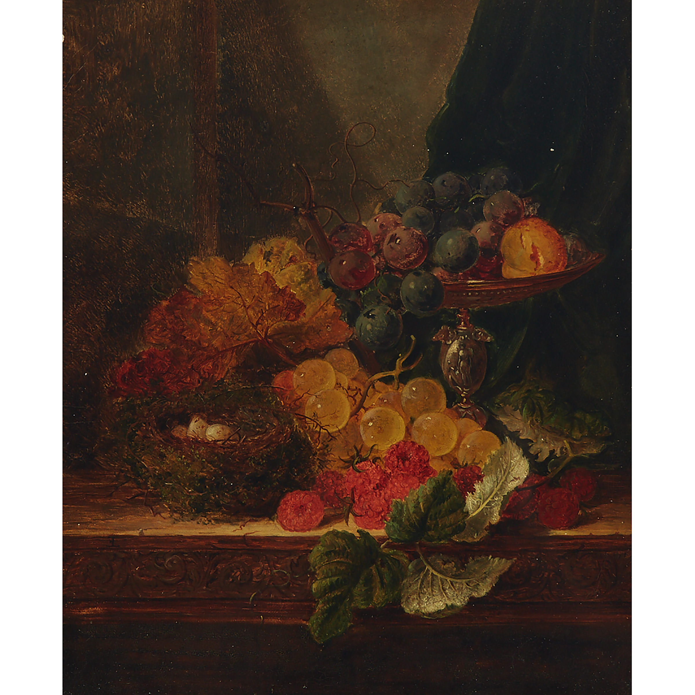 Grapes, Berries and an Egg Nest on a Carved Ledge