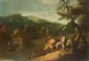 Scuola veneta, secolo XVIII - River landscape with a traveler on horseback and other figures