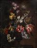 Scuola romana, secolo XVII - Tulips, daffodils, jonquils and hyacinths in a decorated vase on a table