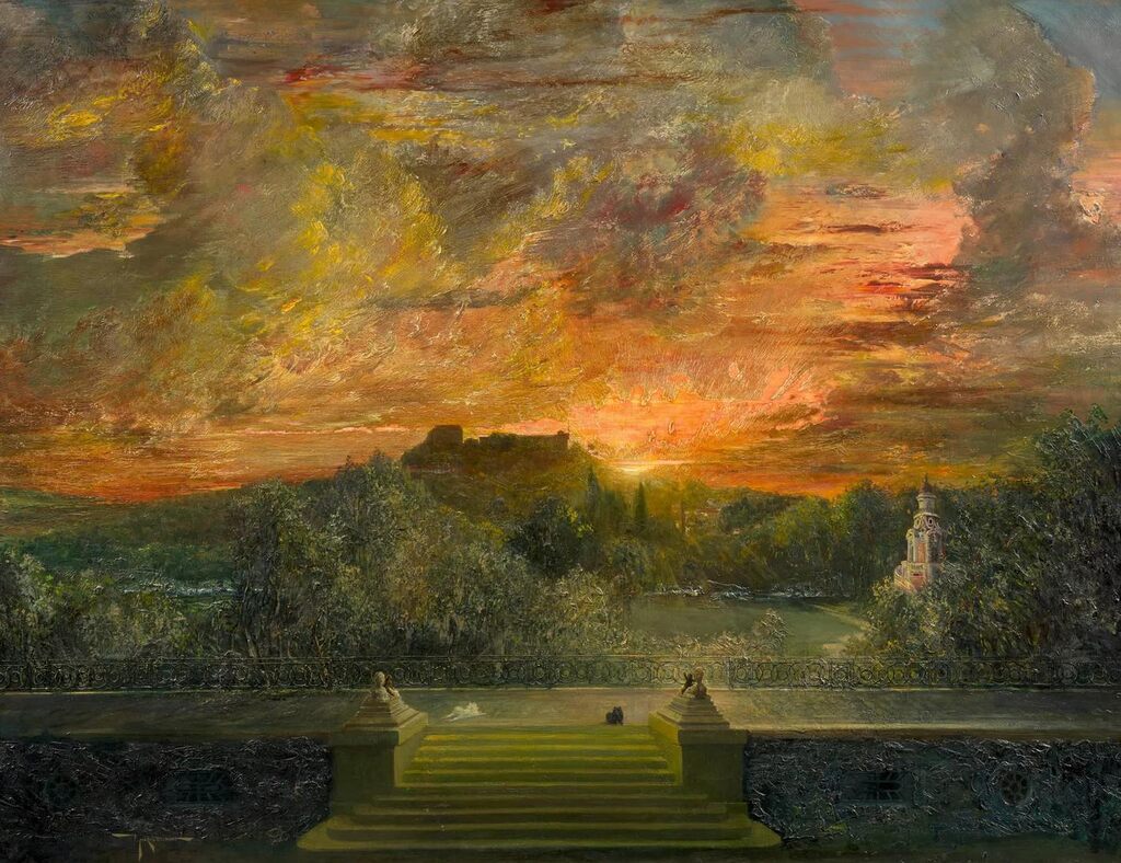 Sunset with the Wallace pump and the terraces of Bagatelle; Paris