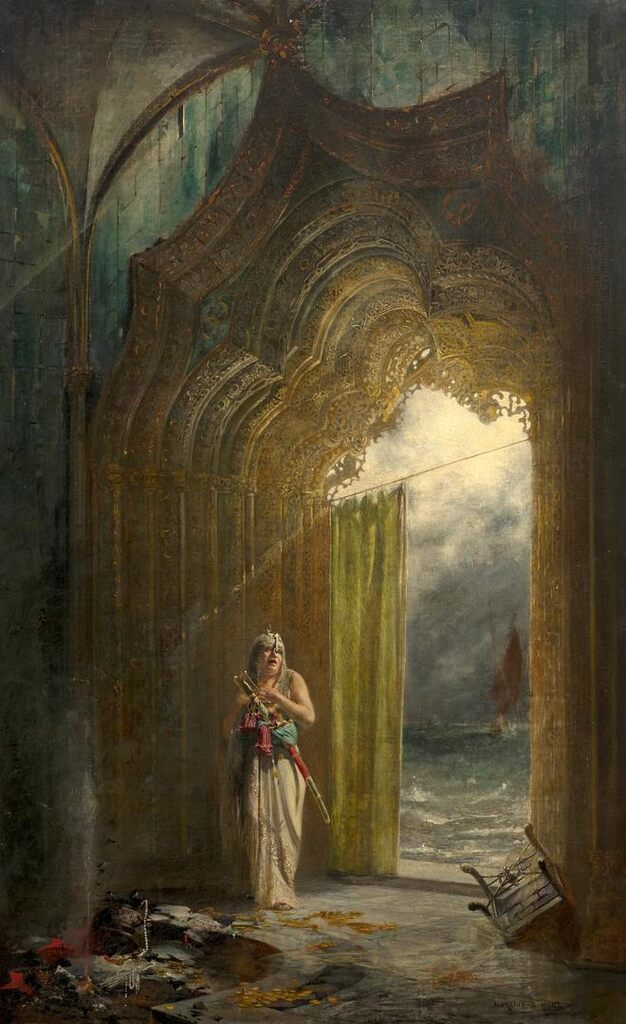 Figure with a sabre in front of a richly carved door, also called “The Palace of Dreams”