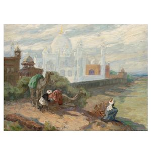 Hugo Vilfred Pedersen, Hugo Vilfred Pedersen (1870-1959) Untitled (A view of the Taj with herdmen and camels in the foreground)