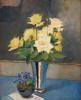 A still life with yellow roses and purple flowers
