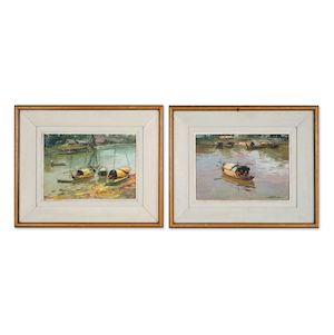 Le Minh (Vietnamese, born 1937) Deux peintures représentant des bateaux / Two paintings depicting boats