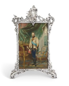 AN IMPORTANT IMPERIAL SILVER FRAME WITH THE PORTRAIT OF EMPEROR NICHOLAS II, BY FABERGÉ, WORKMASTER JULIUS RAPPOPORT, ST. PETERSBURG, CIRCA 1890, SCRATCHED INVENTORY NUMBER PARTIALLY VISIBLE '171(?)'