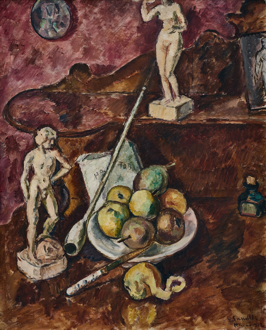 "Nature morte med statyetter".