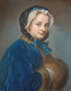 MAURICE-QUENTIN DE LA TOUR (SAINT-QUENTIN 1704-1788), Portrait d'une femme au manchon et à la capeline bleue