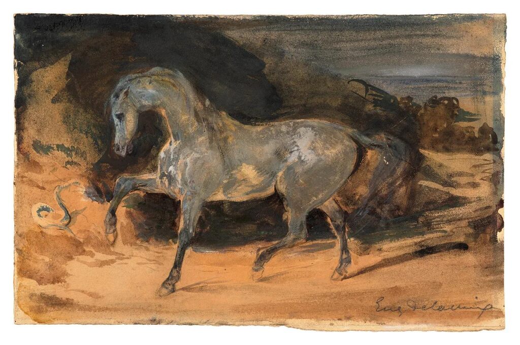 Front: London draft horse with its harness seen from the rump. Back: London figures: a street sweeper, a man, and a child. Watercolor over black pencil lines. (Left fold, some foxing.)