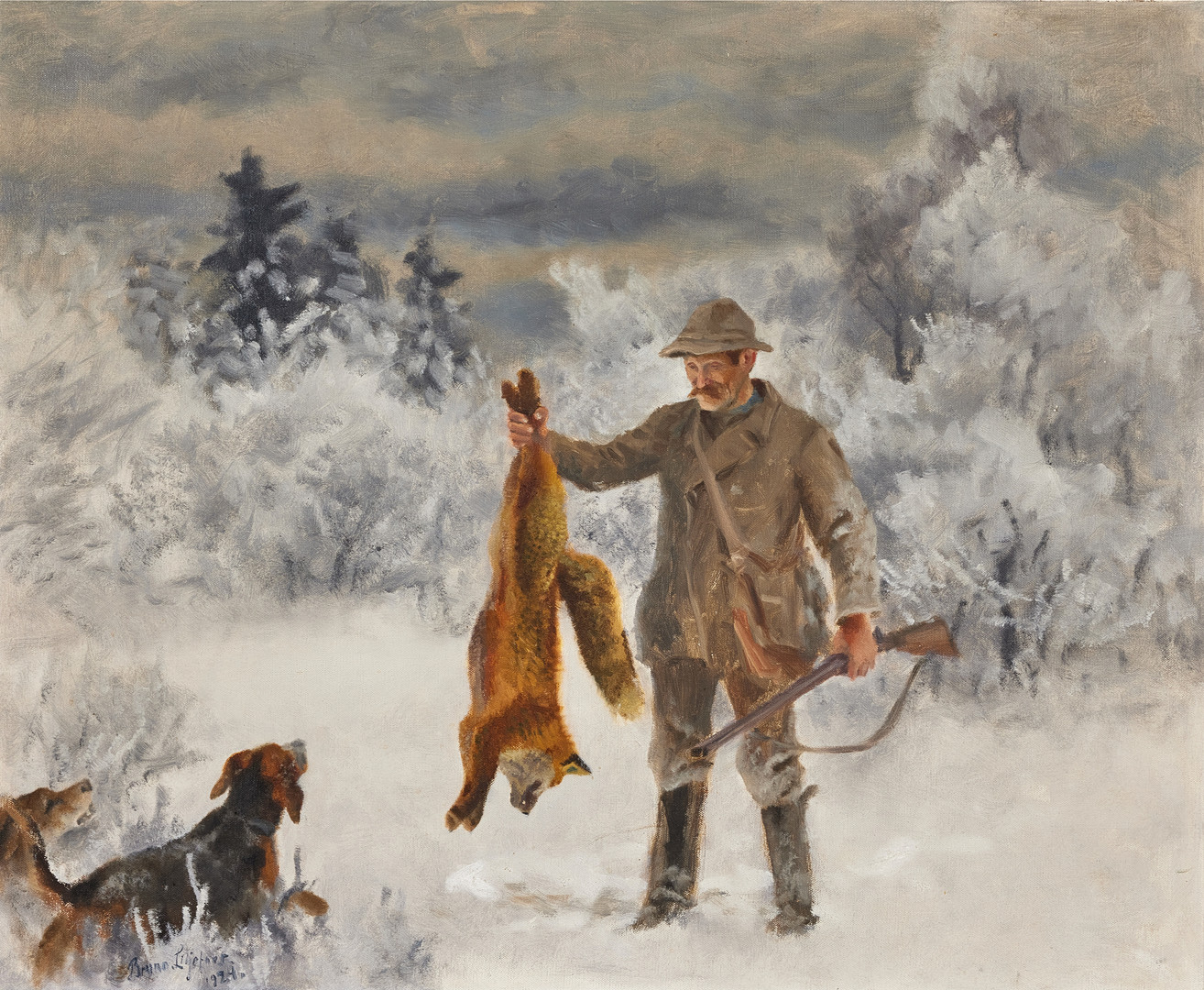 Jägare med jakthundar och räv.