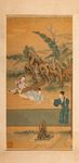 Chine, env. 19e s. Encre et couleurs délicates sur papier. Représentation d'un lettré avec deux dames et un phénix dans un paysage. Tampon rouge de la signature. Défauts de conservation