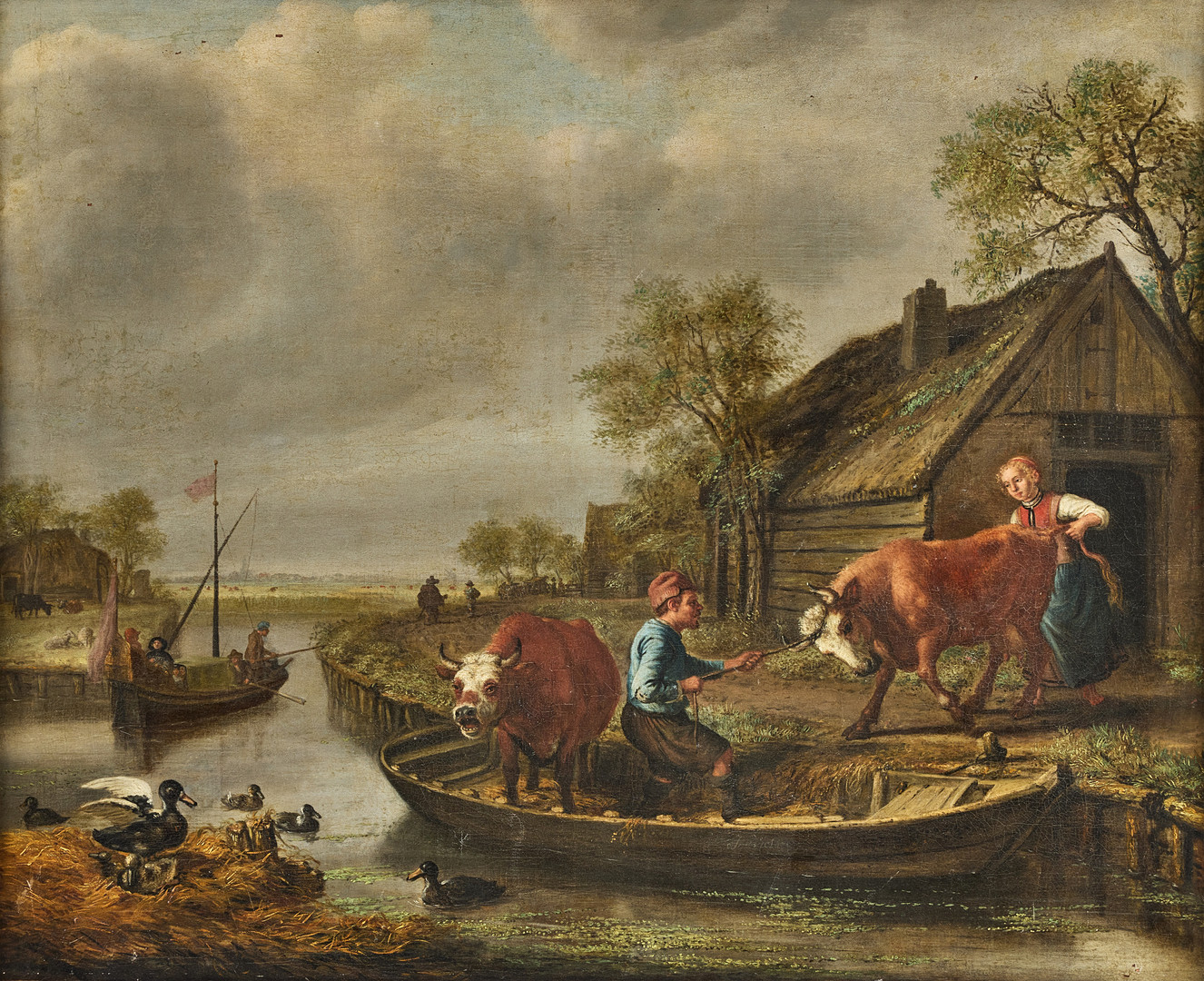 Jan Victors, Dutch village scene with farmers and their cattle.