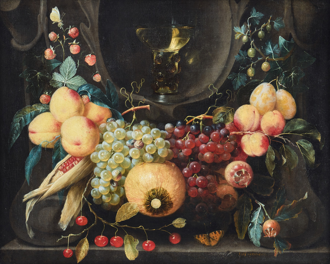 Frans Van Everbroeck, A rummer in a niche, surrounded by a fruit garland - lower part of a cartouche.