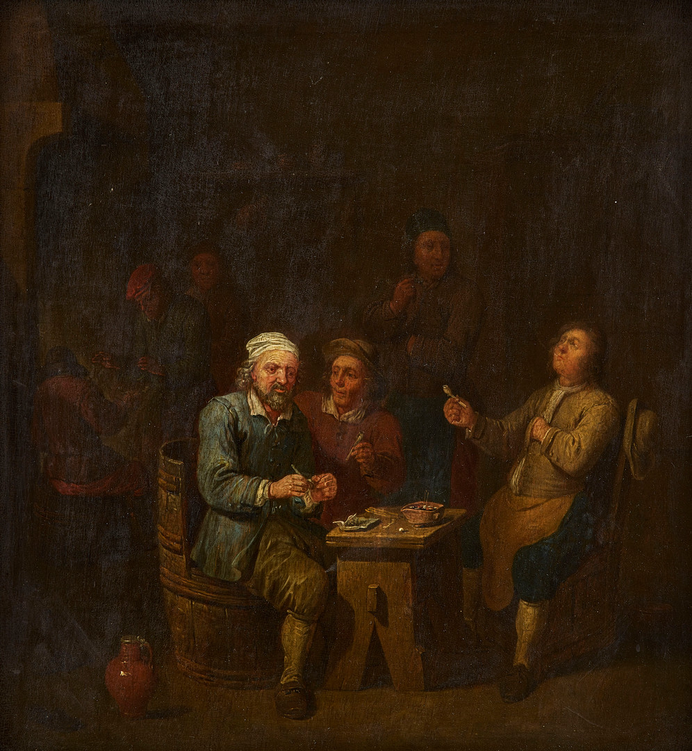 Mattheus van Helmont, Tavern scene with smoking peasants gathered around a table.