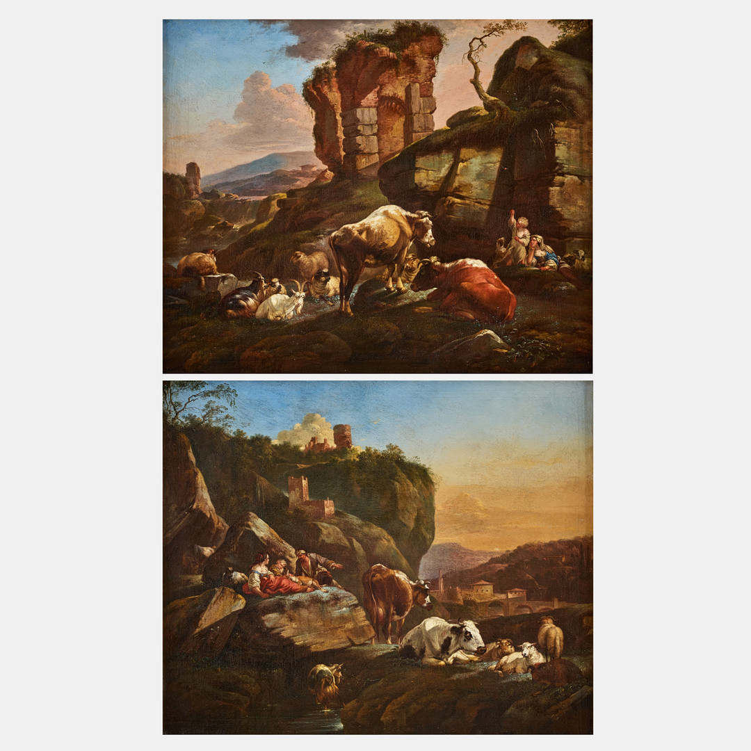 Johann Heinrich Roos, Ruin landscape with figures resting by cattle and Rocky landscape with figures and cattle with a bridge beyond - a pair.
