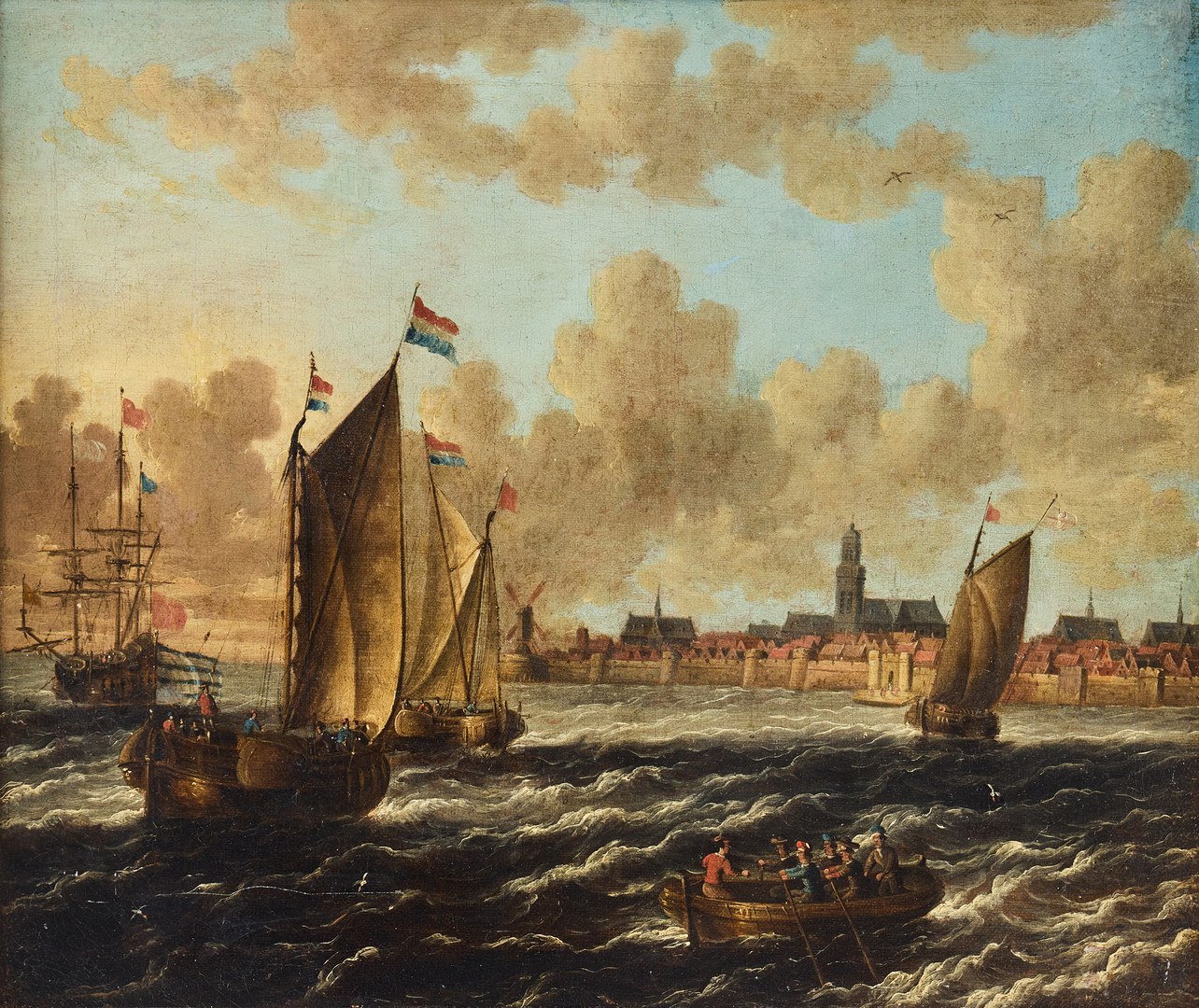 Dutch ships at sea off the coast of a fortified town.