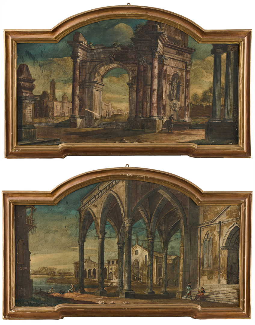 Pietro Paltronieri, il Mirandolese, Capriccio with Roman ruins and Lake view with large portico - a pair of arched overdoors.