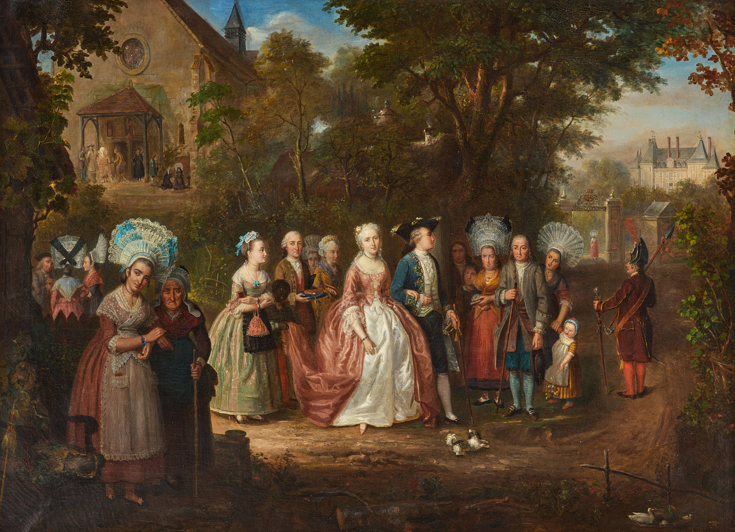 Henri Valton, Attributed to. A wedding scene by the Château de Barberey-Saint-Sulpice in the Aube region of Champagne.