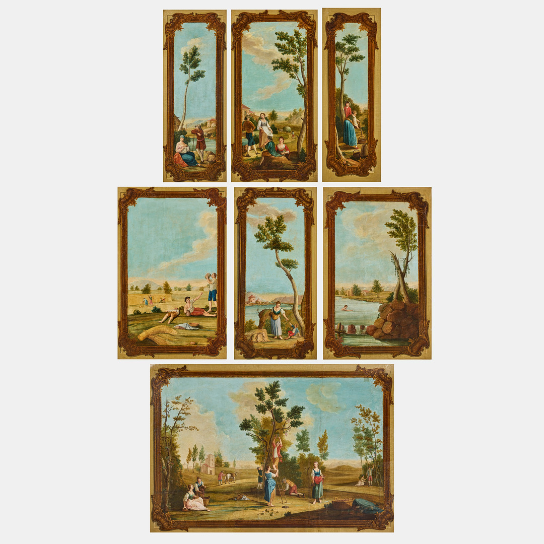 After Giuseppe Zocchi, A set of seven decorative wall panels depicting The Months of the Year in painted frames, second half of the 18th century.