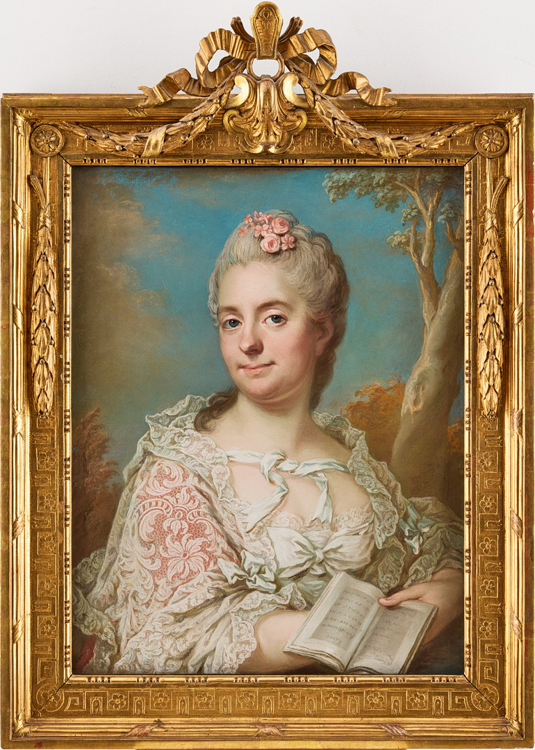 Gustaf Lundberg, Portrait depicting Baroness Catharina Magdalena Rålamb, née Boij (1725-1787) with a book in her hand, wearing a white lace mantilla and flowers in her powdered hair.