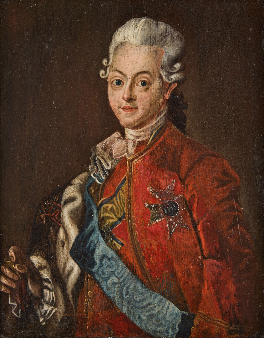 Efter, 1700-talets tredje kvartal. Porträtt föreställande kronprins Gustav (1746-1792), klädd i röd sammetsrock med silverbrodyr, bärandes Serafimerordens ljusblå band och kraschan, Svärdsordens kommendörstecken i band om halsen.
