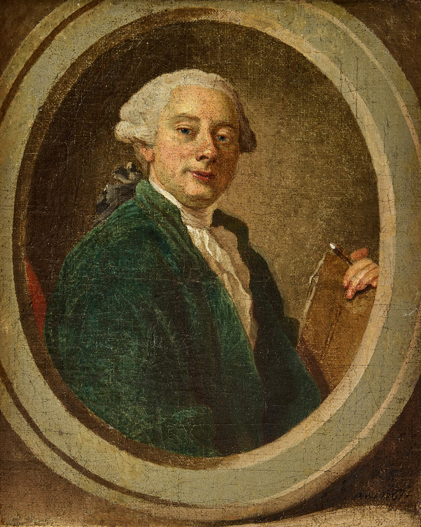Alexander Roslin, Self-portrait wearing a green coat with a drawing stylus in hand in a painted oval - a sketch.