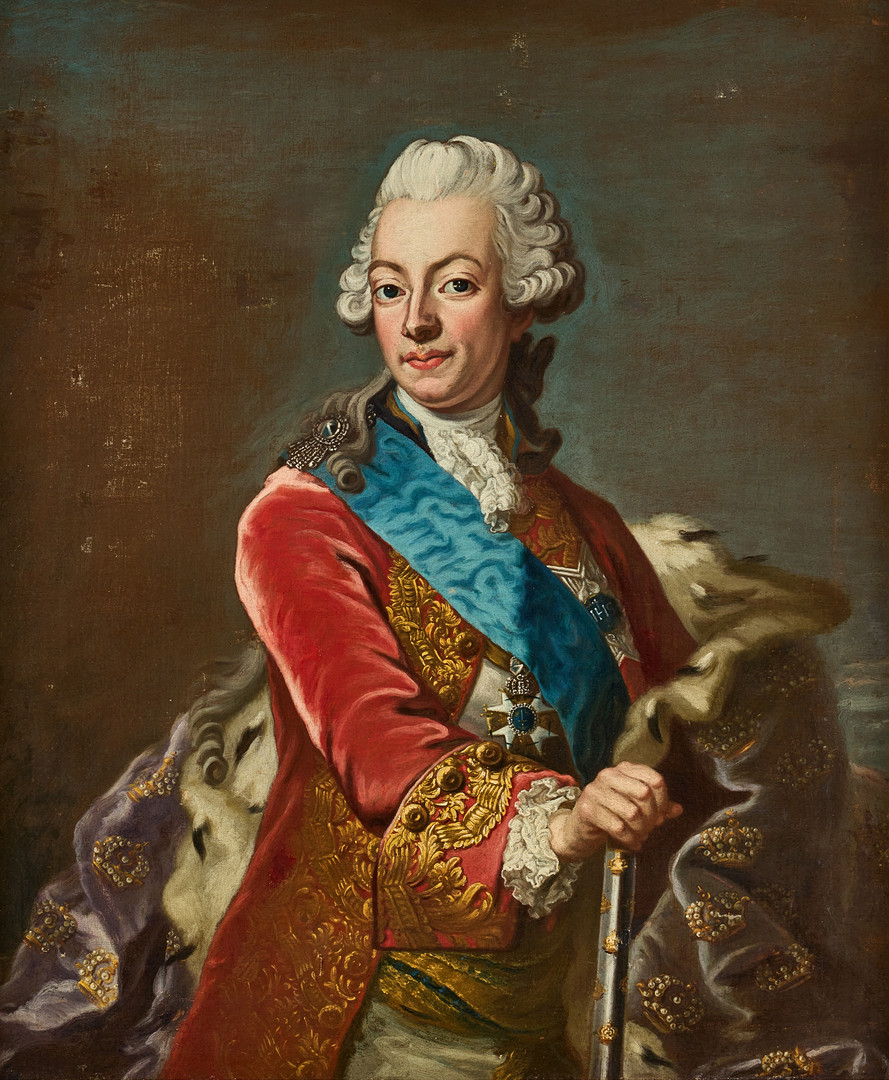 Jakob Björck, Portrait depicting King Gustav III (1746-1792) in a red velvet coat with embroidery, wearing the light blue sash and breast star of the Order of the Seraphim and the Commander's cross of the Order of the Sword around his neck, as well as an ermine-trimmed.