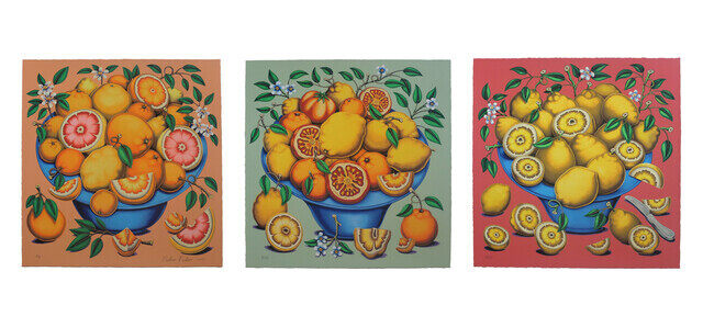 Bowls with Citrus, Flowers and Sliced Tomatoes (Triptych)