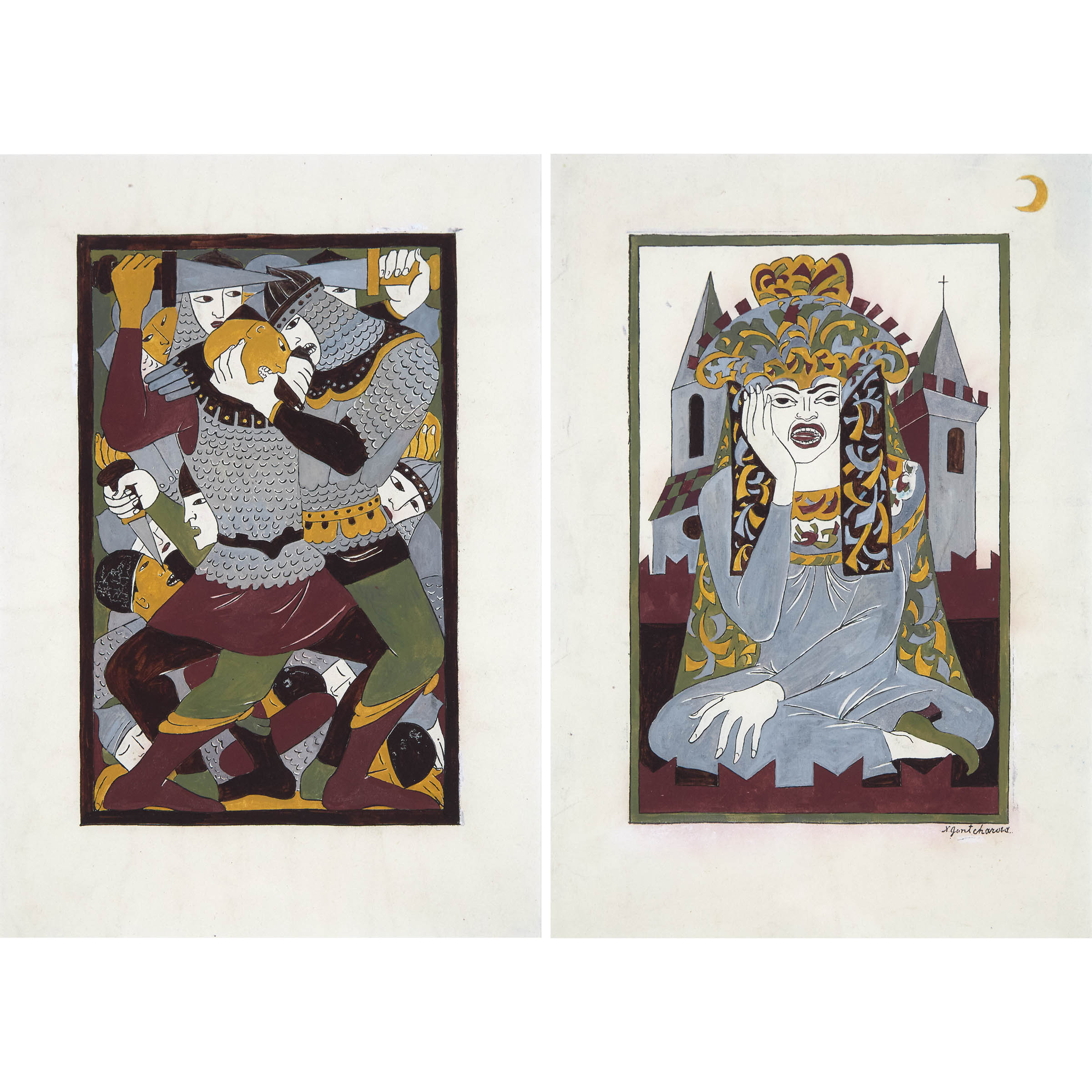 2 DESIGNS FOR  DIE MÄR VON DER HEERFAHRT IGORS, CA. 1923