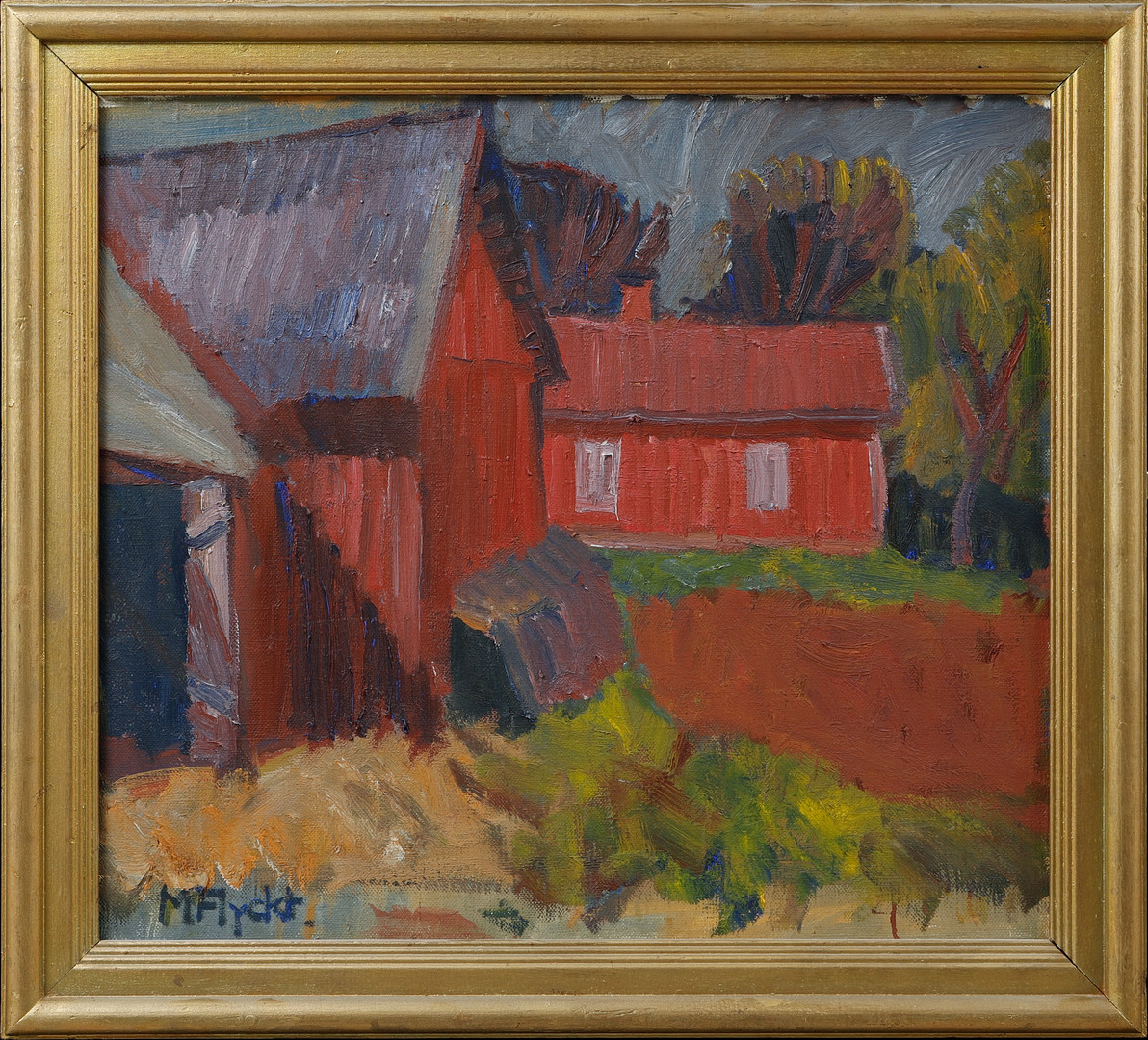 "Gård i Tärby. Vårdag" 1941. Olja på duk, signerad.