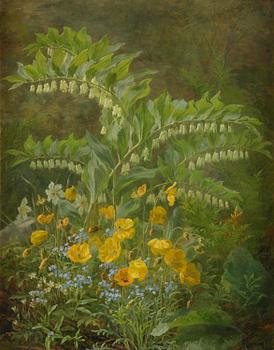 Forget-me-not, yellow poppies and other flowers in a landscape.