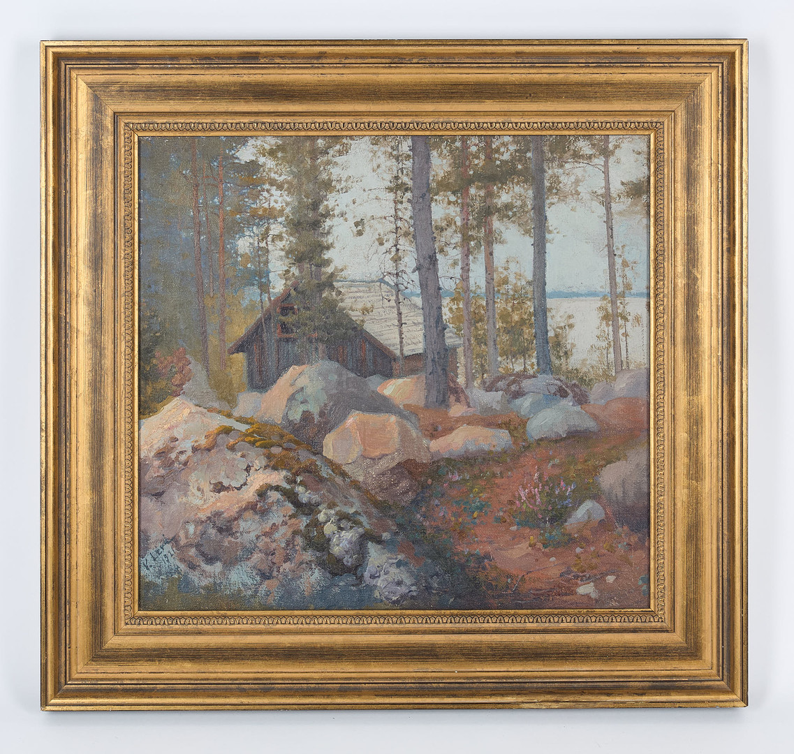 Sommarvy med stuga, signerad samt daterad 1921, olja på duk.
