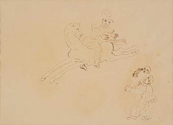 Rider in front of two figures.
