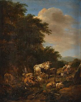 Pastoral with shepherdess and cattle.