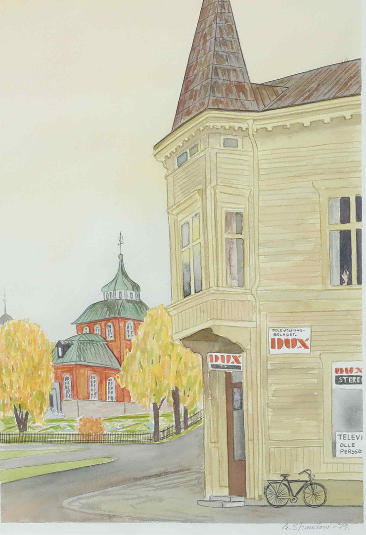 Akvarell, Ulrika Eleonora kyrka, Söderhamn, signerad, daterad 79.