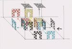 Esquisse : deux cabanes avec explosion des cloisons et plafonds avec quatre couleurs chacune - 1999