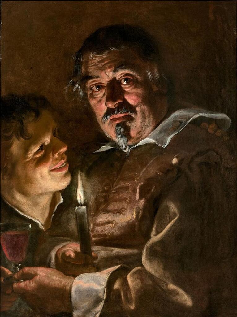 ADAM DE COSTER, Wall man and young boy holding a glass of wine by candle light