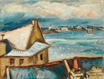 Bord de rivière avec maisons et voilier