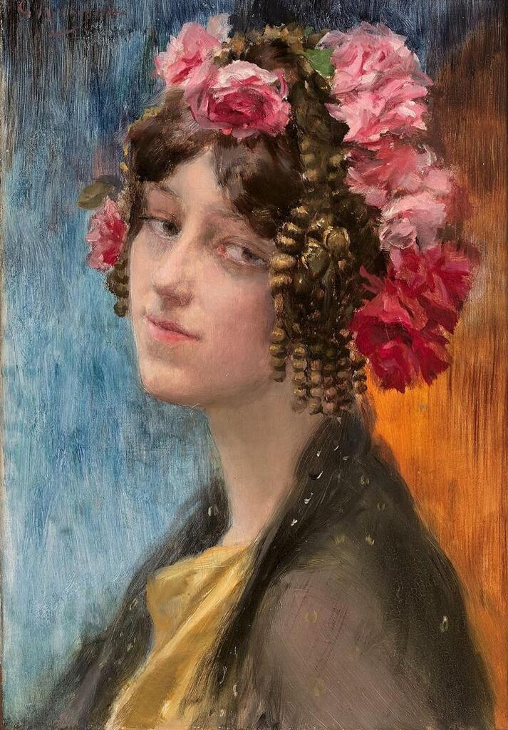 Portrait of woman with hairstyle decorated with roses