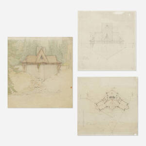 perspective, elevation and plan for the Fir Tree Type Cabin, Lake Tahoe Summer Colony  (three works)