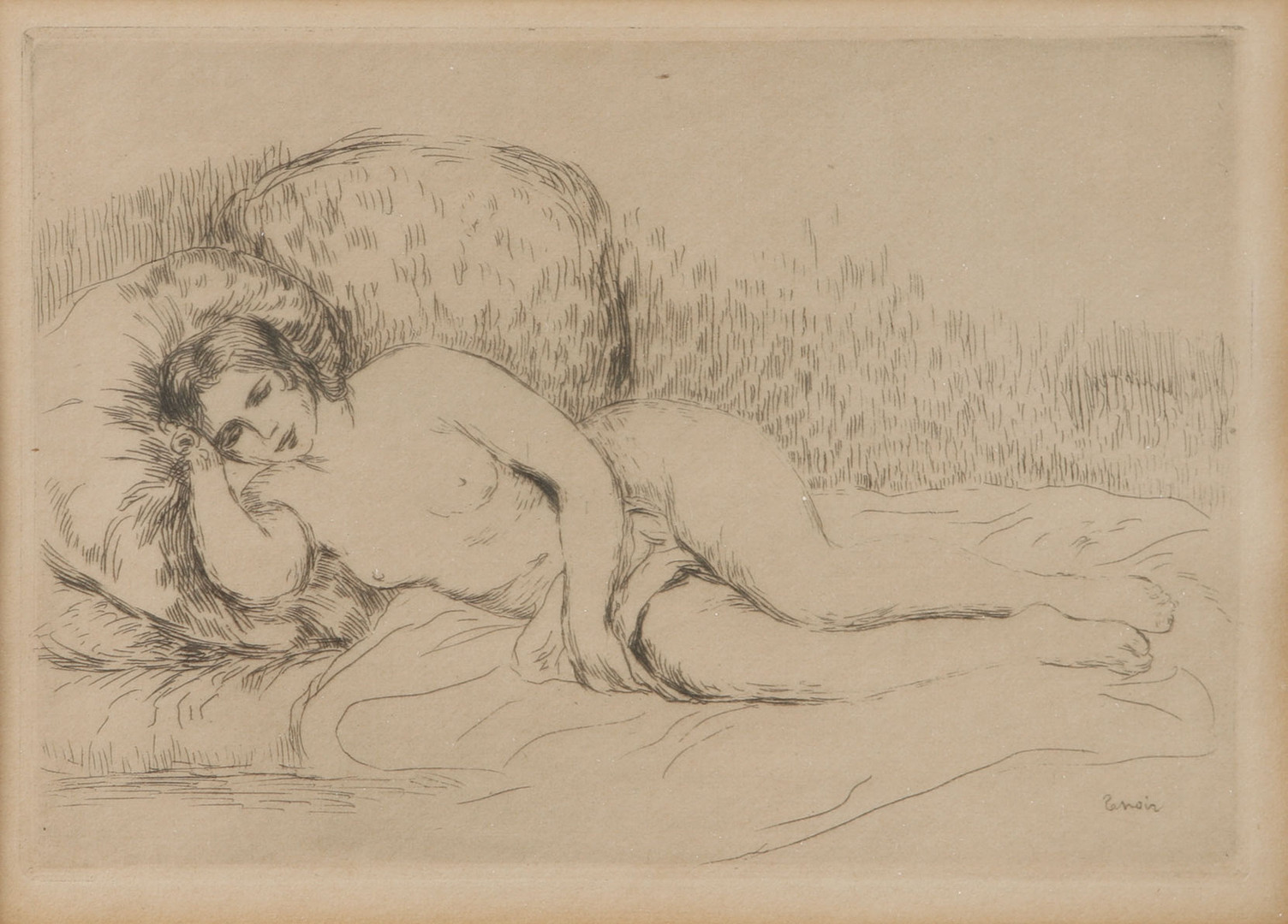 "Femme nue couchée (tournée à gauche)". Etsning/torrnål. Utförd omkring 1906.