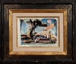 Paysage au grand arbre  Huile sur calque marouflée sur toile portant le cachet de l'atelier au dos 16,5 x 23 cm Cette œuvre est accompagnée d'un certificat d'authenticité d'Isabelle Rouault