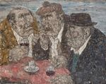 Trois hommes au café  Huile sur toile signée en bas à gauche, contresignée en japonais et titrée au dos 73 x 92 cm