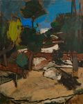 Paysage au pin  Huile sur toile signée en bas à droite, titrée au dos 65 x 81 cm