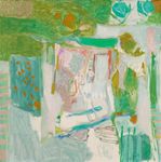 Café à Bagneux 1976 Huile sur toile signée en bas à droite, contresignée, titrée et datée au dos 50 x 50 cm Rapport de condition : Encadrement baguette