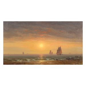 Charles Euphrasie Kuwasseg (French, 1838-1904) Fishing vessels off the coast at dusk